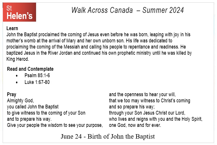 St Helen's Virtual Walk Across Canada - Prayers - June 24