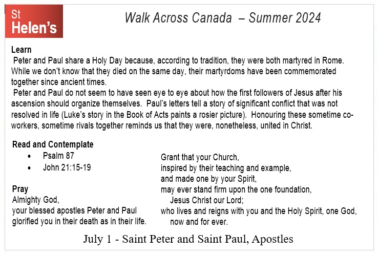 St Helen's Virtual Walk Across Canada - Prayers - July 1