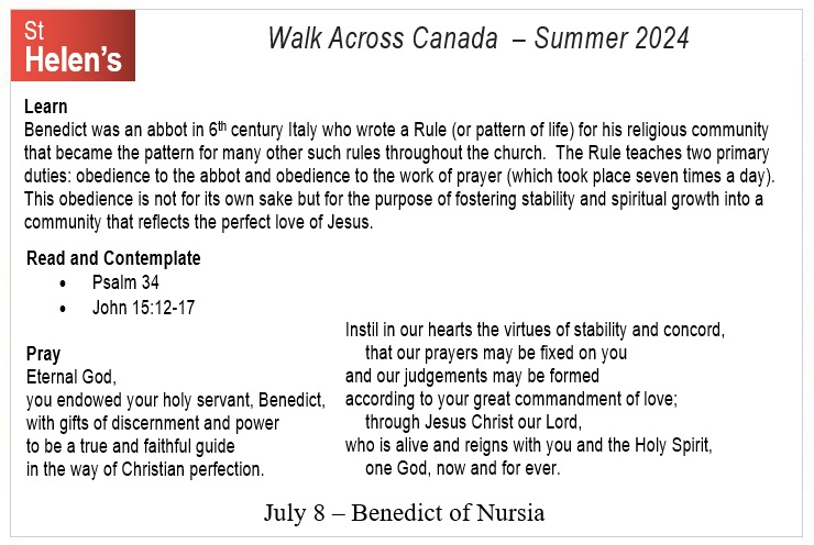 St Helen's Virtual Walk Across Canada - Prayers - July 8
