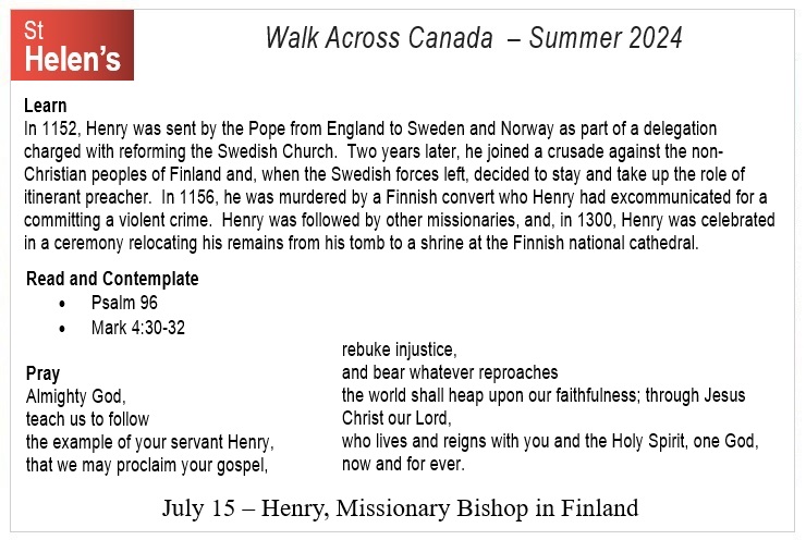 St Helen's Virtual Walk Across Canada - Prayers - July 15