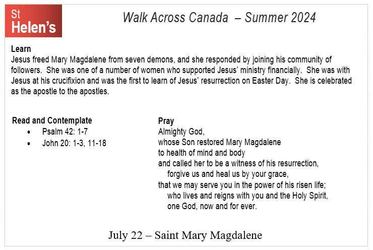 St Helen's Virtual Walk Across Canada - Prayers - July 22