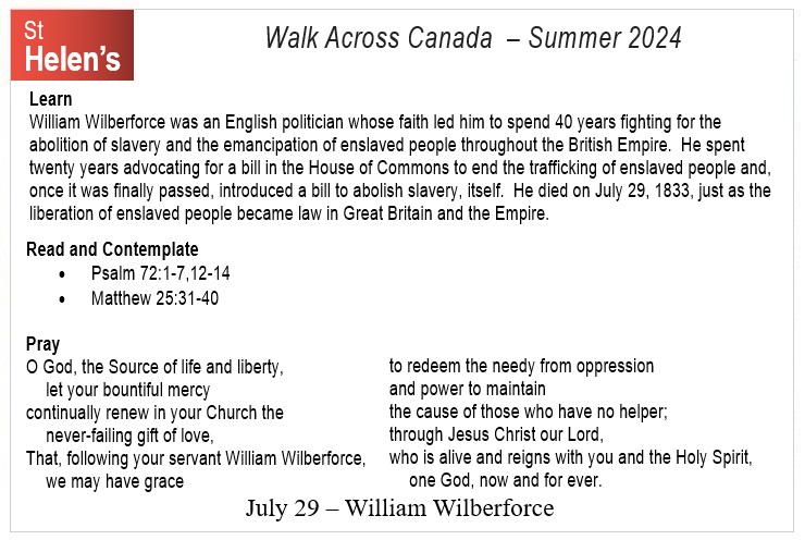 St Helen's Virtual Walk Across Canada - Prayers - July 29