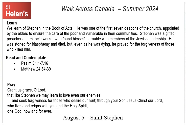 St Helen's Virtual Walk Across Canada - Prayers - August 5