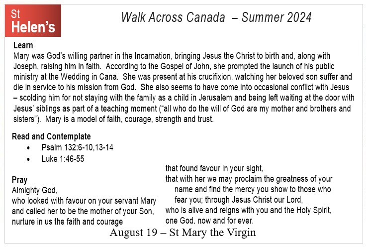 St Helen's Virtual Walk Across Canada - Prayers - August 19