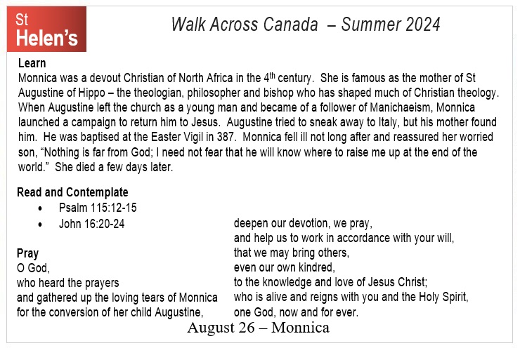 St Helen's Virtual Walk Across Canada - Prayers - August 26
